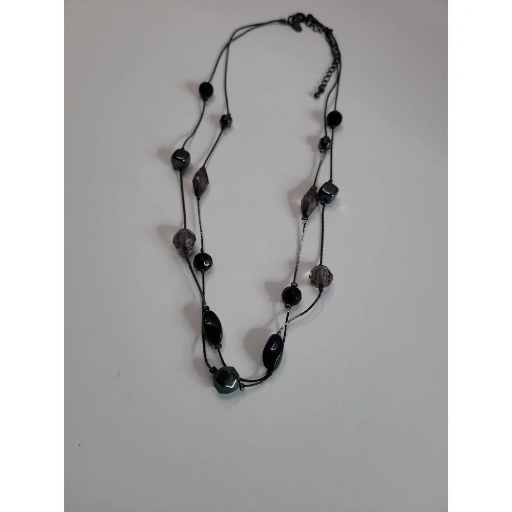 Premier Designs Black Gray Double Strand Beaded Necklace Faceted Geometric